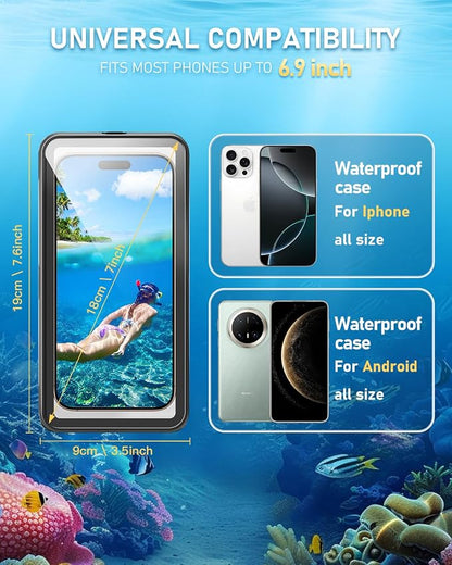 Waterproof Phone Case, IPX8 Underwater Floating Pouch for Snorkeling Swimming Beach Cruise Travel, Water Proof Dry Case for iPhone 17/16/15/14 Pro, Samsung Galaxy S26/S25/S24 (Black)