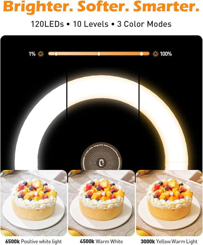 CloudValley Overhead Phone Mount with 10" Ring Light, 5000mAh Magnetic Desktop Tripod with Battery Display, Foldable Portable LED Light with 3 Modes & 10-Level Brightness for Makeup, Selfies, TikTok