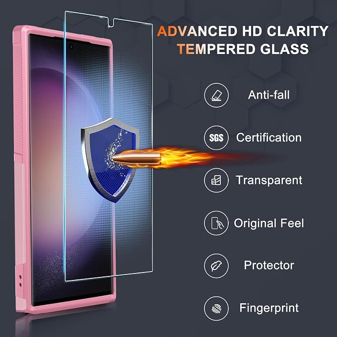 RMOCR Case for Samsung Galaxy S25 Ultra, Full Body Heavy Duty Rugged Shockproof Protective Phone Cover with Lanyard Strap, Tempered Glass Screen Protector and Camera Lens Cover, Cute Pink