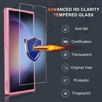 RMOCR Case for Samsung Galaxy S25 Ultra, Full Body Heavy Duty Rugged Shockproof Protective Phone Cover with Lanyard Strap, Tempered Glass Screen Protector and Camera Lens Cover, Cute Pink