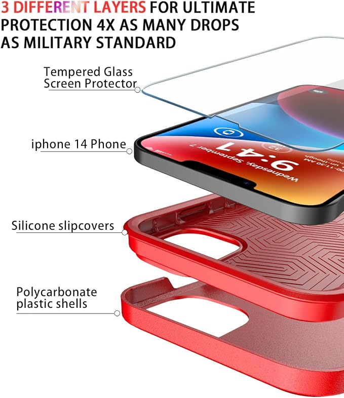 Diverbox for iPhone 14 Case [Shockproof] [Dropproof] [Tempered Glass Screen + Camera Lens Protector],Heavy Duty Protection Phone Case Cover for Apple iPhone 14 (Red-2in1)