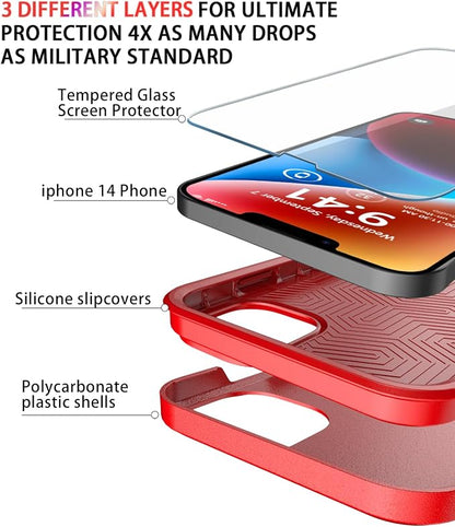 Diverbox for iPhone 14 Case [Shockproof] [Dropproof] [Tempered Glass Screen + Camera Lens Protector],Heavy Duty Protection Phone Case Cover for Apple iPhone 14 (Red-2in1)