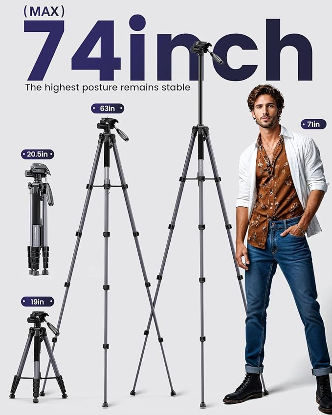 CAMBOFOTO 74″ Aluminum Camera Tripod – Heavy‐Duty Professional Tripod Stand for DSLR & Mirrorless Cameras, Smartphones & GoPro – Lightweight Travel Tripod with 360° Pan Head & Phone Mount