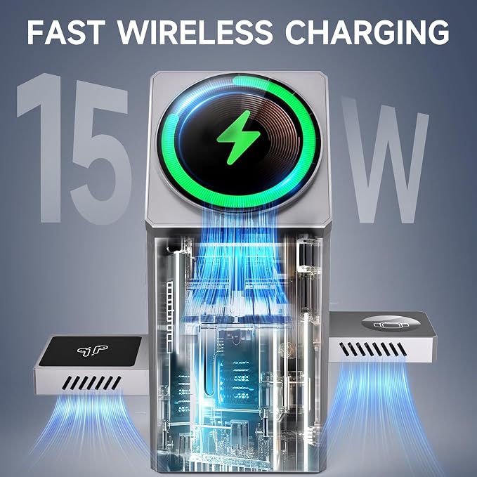LOBKIN 3 in 1 Wireless Charging Station for Apple Multiple Devices, 15W Fast Foldable Magnetic Charger Stand for iPhone 16 15 14 13 12 Pro Max, Apple Watch Series 10/9/8/Ultra, AirPods - Silver