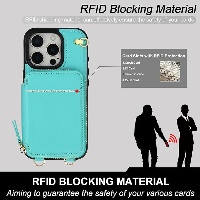 Bocasal Crossbody Wallet Case for iPhone 16 Pro, RFID Blocking Leather Purse Case with Card Holder, Protective Handbag Flip Cover with Zipper Wrist Strap Lanyard for Women 5G 6.3 Inch (Mint Green)