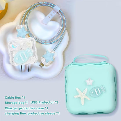 CameCosy Phone Charger Storage Case Cover Sets with Cable Protector for iPhone Adapter, Wave Travel Storage Bag, Earphone Cord Saver DIY Phone Charging Protector Cable Organizer (Blue Sea Star Fish)