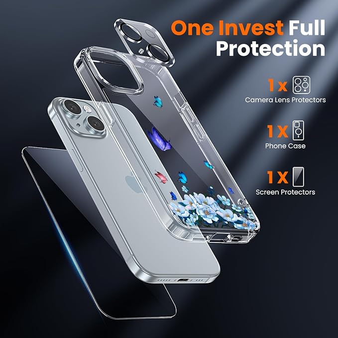 3 in 1 for iPhone 15 Case Clear, Screen Protector *1 & Camera Lens Protector*1, Print Shockproof for iPhone 15 Phone Case 6.1 inch Floral