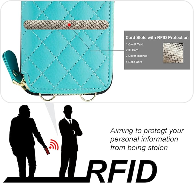 Bocasal Crossbody Wallet Case for iPhone 14, RFID Blocking PU Leather Zipper Handbag Purse Flip Cover, Kickstand Folio Case with Card Slots Holder Wrist Strap Lanyard 5G 6.1 Inch (Mint Green)