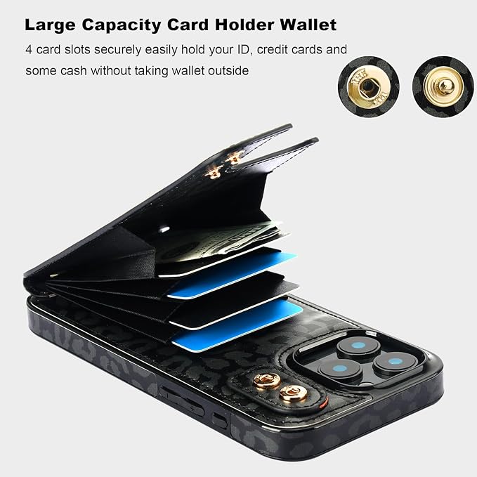HAOPINSH for iPhone 16 Pro Max Wallet Case with Card Holder, 360°Rotation Ring Kickstand, Black Leopard Pattern, RFID Blocking Leather for Girls Women, Double Buttons Protective Cover 6.9"