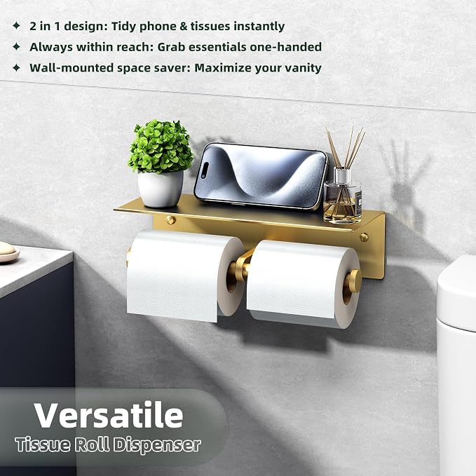 APLusee Brushed Gold Double Toilet Paper Holder with Shelf, Heavy Duty 304 Stainless Steel Tissue Roll Holder, Commercial Paper Dispenser Wall Mounted