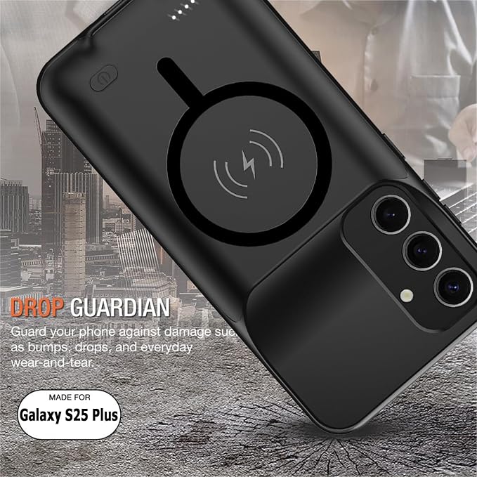 Wireless Charging Case for Galaxy S25 Plus, Upgraded 12000mAh Rechargeable Portable Charging Case Compatible with Galaxy S25 Plus 5G (6.7 inch) with Carplay Extended Battery Pack Charger Case (Black)
