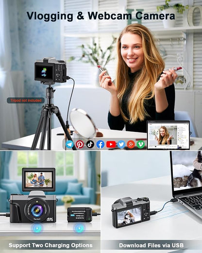 4K Digital Camera with WiFi 64MP Autofocus Vlogging Camera Compact Travel Cameras for Photography, 3" 180° Flip Screen 16X Zoom Flash Anti-Shake, Point and Shoot Camera for Beginner, Easy to Use
