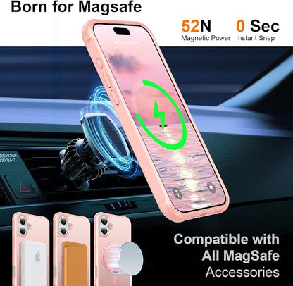360° Magnetic Swivel Ring for iPhone 16 case, Built-in Metal Stand and Ring Holder, Magsafe Compatible, Military Grade Protection, Shock and Vibration Resistant - Pink