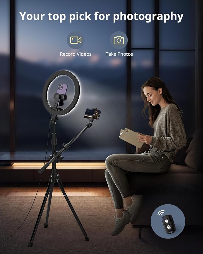 UBeesize 12" Ring Light with Overhead Phone Mount, Selfie Light with Stand,62" Tripod for iPhone with Light and Phone Holder for Video Recording,Cooking,Photography,Live Streaming,Tiktok,YouTube