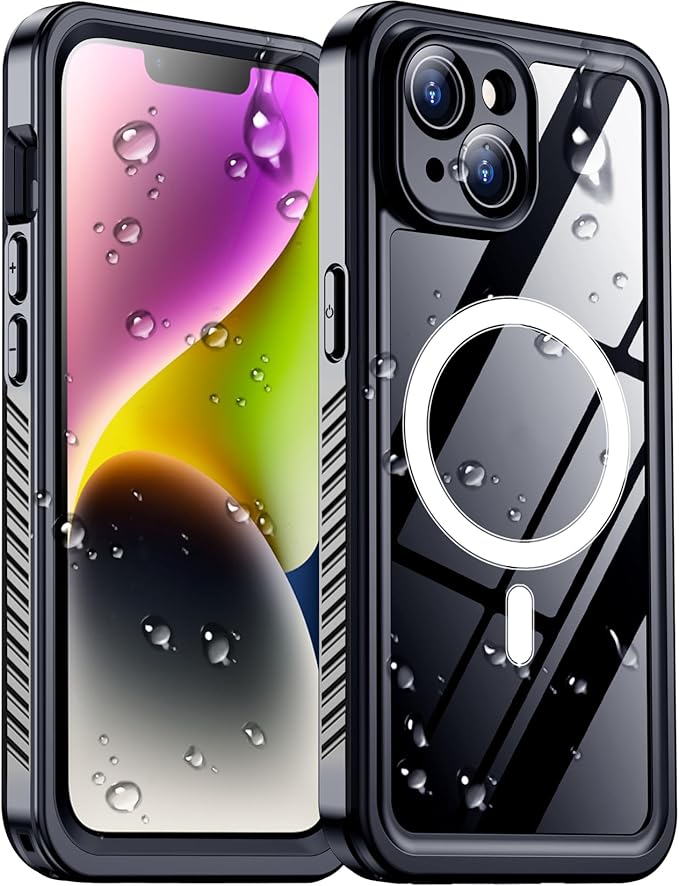 Temdan Compatible with iPhone 14 Case Waterproof, Built-in Screen & Camera Protector IP68 Underwater Full Body 14FT Military Dropproof Shockproof Phone Case 6.1"-Black/Clear-Mag