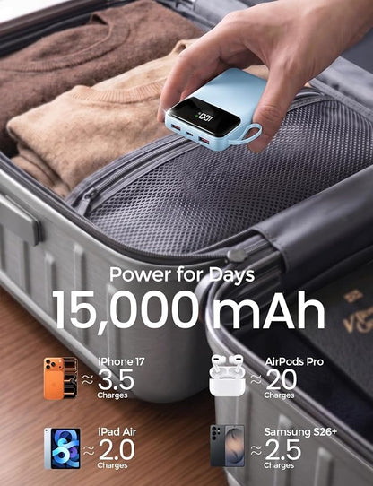 Power Bank, 15000mAh Portable Charger with Built in Cable, 22.5W Fast Charging, 6 Outputs, Slim Travel Essential Battery Pack with LED Display, Compatible with iPhone 17/16/15/14/13, iPad SkyBlue