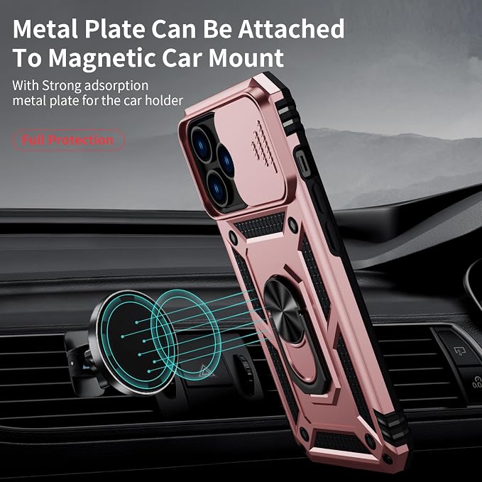 for iPhone 13 Pro Case with Camera Lens Cover, HD Screen Protector, 10 FT Military Grade Drop Protection, Magnetic Ring Holder Kickstand Protective Phone Case for iPhone 13 Pro, Rose Gold