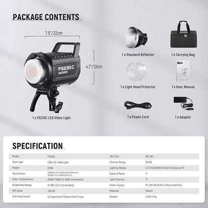 NEEWER 230W High Power RGB LED Video Light, APP/2.4G Control, 2500K-7500K 23000lux/1m COB Continuous Output Lighting, 17 Effects CRI95+ Bowens Spotlight for Studio Photography Video Recording, FS230C
