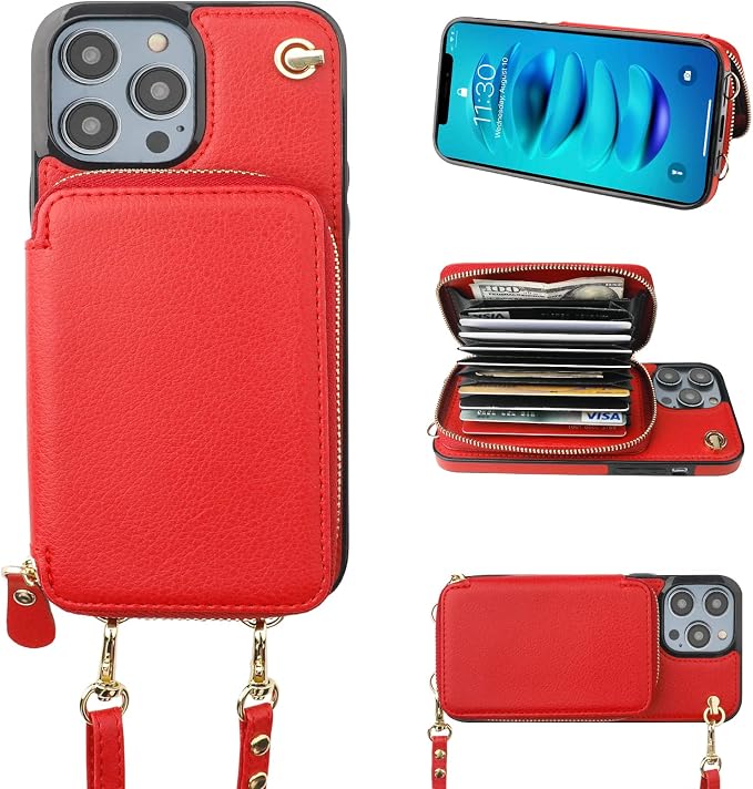 Bocasal Crossbody Wallet Case for iPhone 14 Pro Max, RFID Blocking Leather Purse Case with Card Holder, Protective Handbag Flip Cover with Zipper Wrist Strap Lanyard for Women 5G 6.7 Inch (Red)