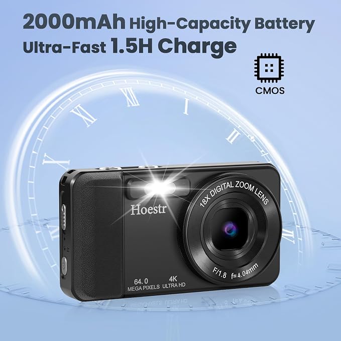 64MP 4K Digital Camera, Hoestr 18X Zoom Autofocus Point and Shoot Compact Camera with 64GB TF Card, Flash, 2.8" LCD Screen for Teens Adult Beginner Travel Photography Vlogging（Black）