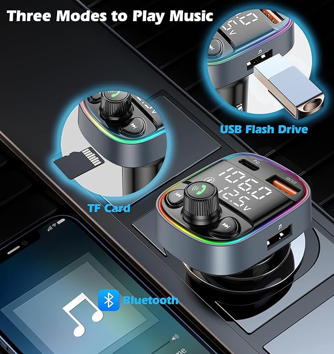 LIHAN Bluetooth 5.4 Bluetooth Car Adapter, FM Transmitter with QC3.0/Type-C 42W Fast Charging, Dual LED Display, HiFi Bass, Handsfree Calls/Audio Transmitter, TF/USB Music Player, 7-Color Backlit