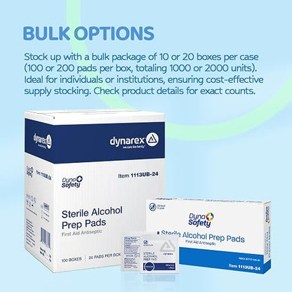 Dynarex DynaSafety Sterile Alcohol Prep Pads - Medium - 70% Isopropyl Alcohol, Individually Wrapped, Soft Cleaning Wipes - Case of 100 Boxes, 24 per Box