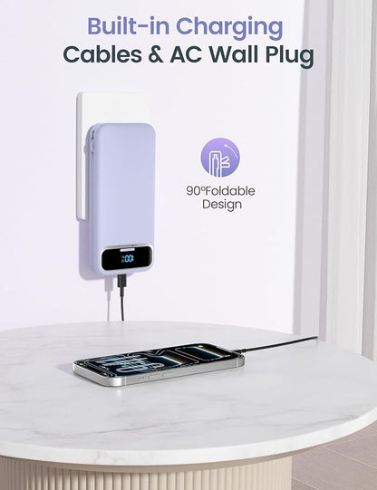 12000mAh Lightweight-Portable-Charger-Power-Bank with Built-in Cables and AC Wall Plug, PD20W USB-C Fast Charging Battery Pack, LED Display External Travel Phone Charger for All iPhone,Samsung,Android