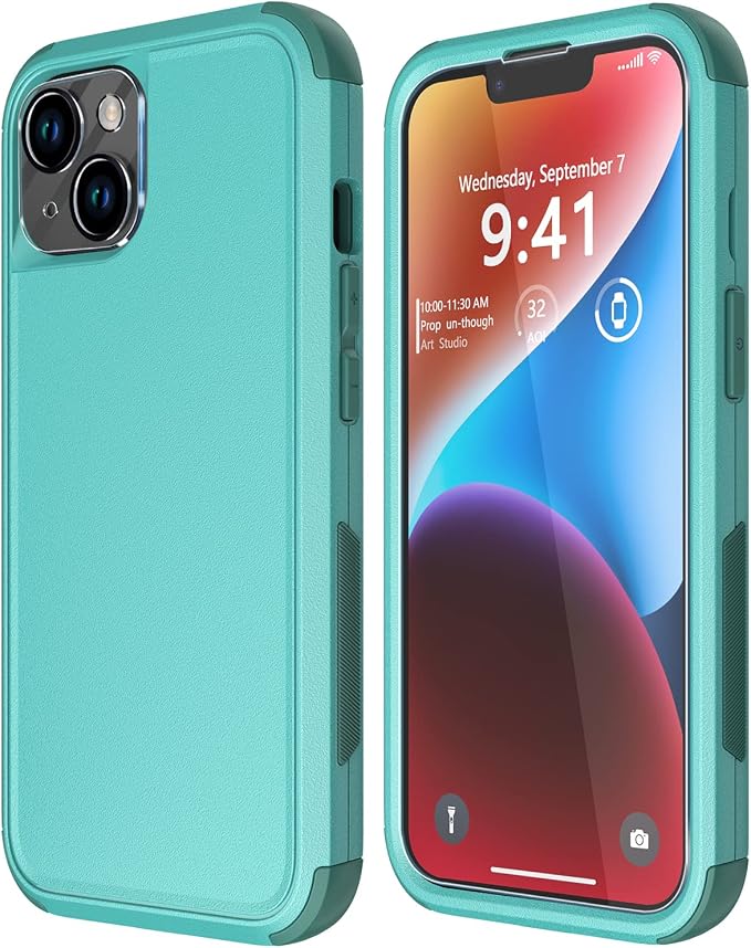 Diverbox for iPhone 14 Case [Shockproof] [Dropproof] [Tempered Glass Screen + Camera Lens Protector],Heavy Duty Protection Phone Case Cover for Apple iPhone 14 (Teal)