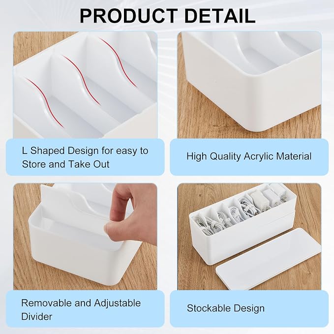 Tatuo 1 Pcs Cord Organizer for Drawer Desktop, Cable Organizer Box with 8 Compartments and Wire Ties, Plastic Charger Storage with Lid, Electronics Case for Home Office Accessories (Small,White)