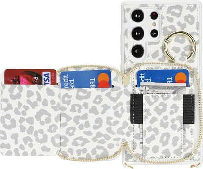 Crossbody Wallet Case for Galaxy S23 Ultra, PU Leather Zipper Handbag Purse Flip Cover, Kickstand Folio Case with Card Slots Holder Wrist Strap Lanyard -White Leopard