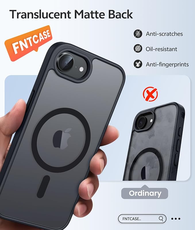 FNTCASE for iPhone 17e Case: iPhone 16e Phone Case [Compatible with Magsafe] Translucent Matte Case with [Screen Protector] Military Grade Shockproof Protective Phone Cover-Black