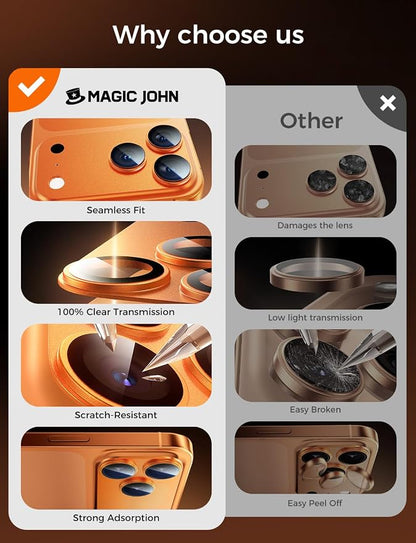 MAGIC JOHN 2 Pack Camera Lens Protector for iPhone 17 Pro Max, Full Coverage, Metal Aluminum Alloy Camera Lens Film, HD Clear, Scratch Resistant, Case-Friendly, Orange