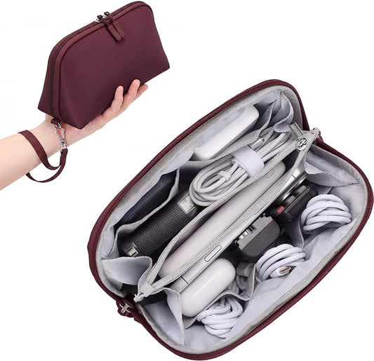 FYY Travel Cable Organizer - 8 Compartments, Lightweight, Water Repellent | With Wrist Strap, Portable Tech Pouch for Cord Charger, Travel and Business Trips Use, Soft Shell Nylon, Wine Red (Medium)