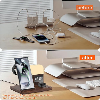 Wireless Charger for Samsung/Android Charging Station, 6 in 1 Fast Watch Charger with Alarm Clock-Night Light, Compatible for Galaxy S25 Ultra/S24, Only for Samsung Watch8/7, Galaxy Buds3 Pro(Walnut)