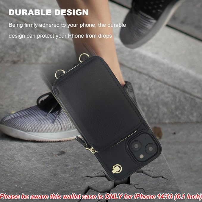 Bocasal for MagSafe Crossbody Wallet Case Compatible with iPhone 14 iPhone 13, RFID Blocking Protective Purse Case with Card Slots Holder Kickstand Wrist Strap Lanyard Zipper 6.1 Inch 5G (Black)