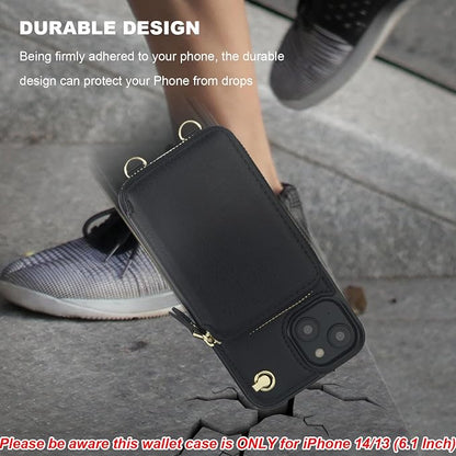 Bocasal for MagSafe Crossbody Wallet Case Compatible with iPhone 14 iPhone 13, RFID Blocking Protective Purse Case with Card Slots Holder Kickstand Wrist Strap Lanyard Zipper 6.1 Inch 5G (Black)