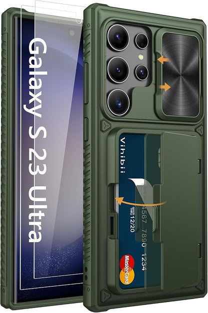 Vihibii for Samsung Galaxy S23 Ultra Case with Card Holder (4 Cards), Built-in 2X Tempered Glass Screen Protector & Slide Camera Cover & Kickstand, Rugged & Shockproof Phone Case for S23 Ultra, Green