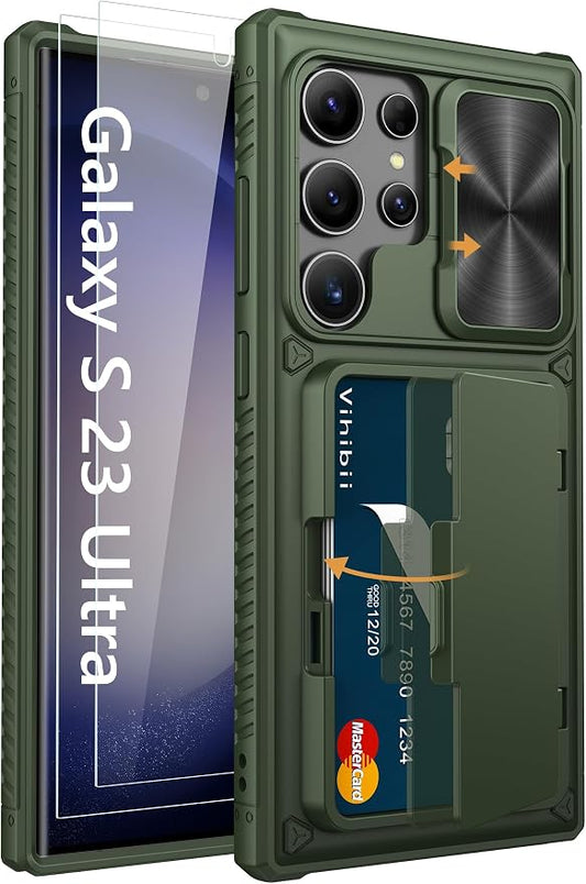 Vihibii for Samsung Galaxy S23 Ultra Case with Card Holder (4 Cards), Built-in 2X Tempered Glass Screen Protector & Slide Camera Cover & Kickstand, Rugged & Shockproof Phone Case for S23 Ultra, Green