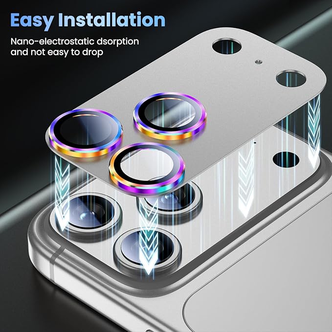 Uyiton for iPhone 17 Pro Max Camera Lens Protector, Not Easy to Break [Strong Adsorption][Case-Friendly] Metal Tempered Glass Rear Camera Screen Cover, Colorful Silver
