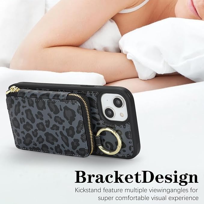 Crossbody Wallet Case for iPhone 14, PU Leather Zipper Handbag Purse Flip Cover, Kickstand Folio Case with Card Slots Holder Wrist Strap Lanyard 5G 6.1 Inch-Black Leopard