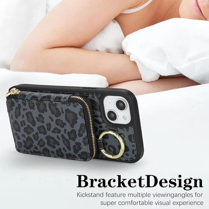 Crossbody Wallet Case for iPhone 14, PU Leather Zipper Handbag Purse Flip Cover, Kickstand Folio Case with Card Slots Holder Wrist Strap Lanyard 5G 6.1 Inch-Black Leopard