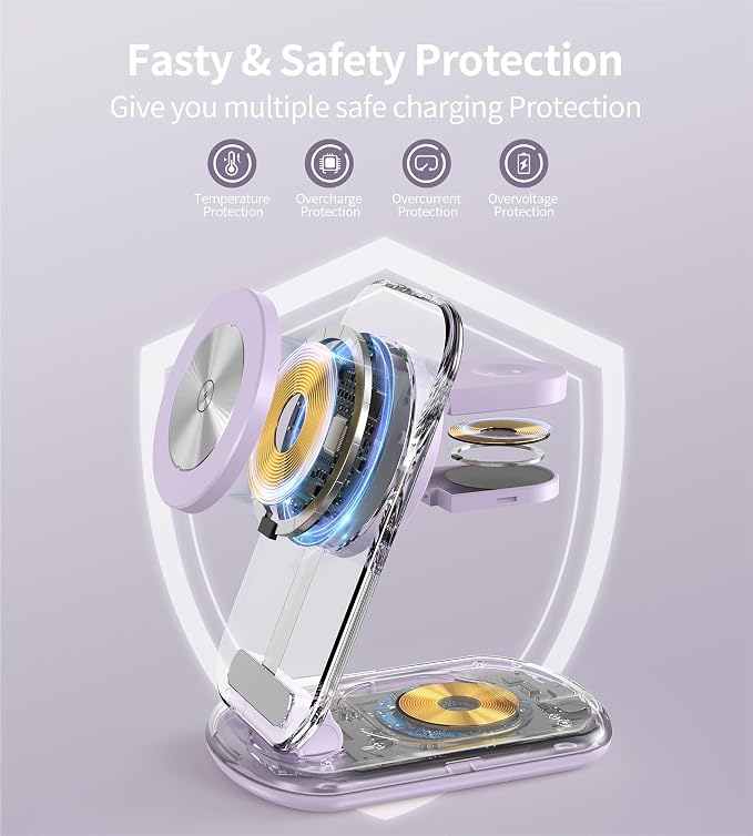 3 in 1 Magnetic Wireless Charging Station for Apple Devices, Fast Foldable Travel Mag-Safe Charger Stand with Night Light for iPhone 17 16 15 14 13 12 Series, Apple Watch/AirPods Pro, PU