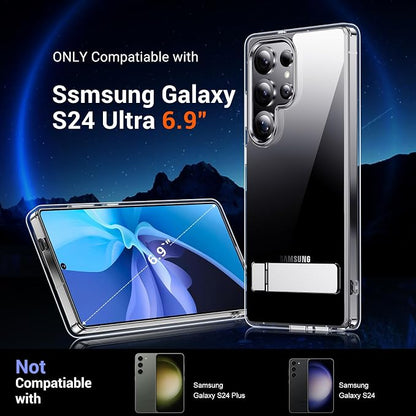 Temdan Designed for Samsung Galaxy S24 Ultra Case,[Built in Hidden Kickstand][Military Grade Drop Protection] [Never Yellowing] Slim Thin Phone Case for S24 Ultra Case - Crystal Clear