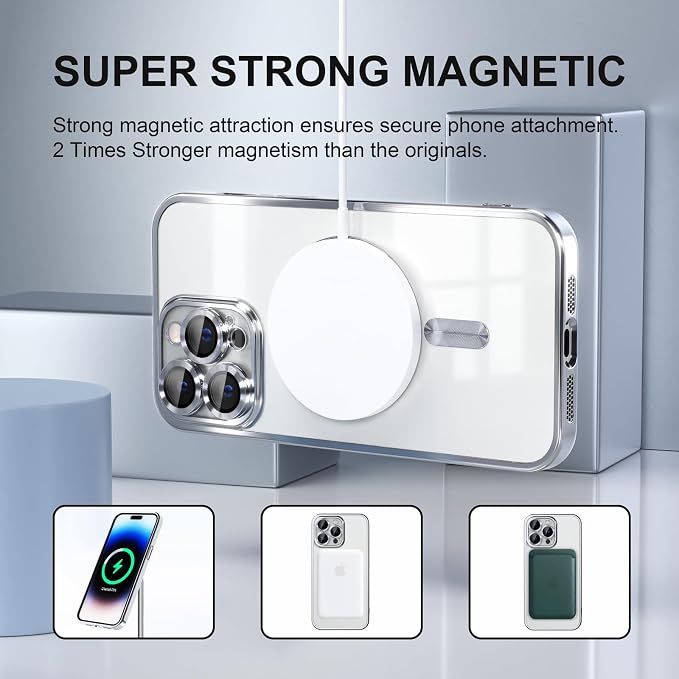 Misea Magnetic for iPhone 14 Pro Max Case Compatible with MagSafe [Never Yellowing] [Military Grade Drop Protection] Full Camera Lens Protector Plating Soft Clear Phone Case for Women Girls, Silver