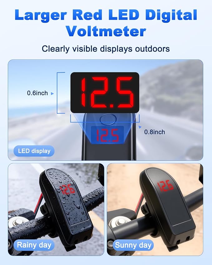 EXTRACTME Motorcycle Phone Charger, 36W Dual USB Type C PD 3.0 & QC 3.0 Motorcycle USB Charger with Voltmeter & ON/Off Switch, Waterproof Fast Charging SAE to USB Adapter for Phone, Tablet, GPS, etc