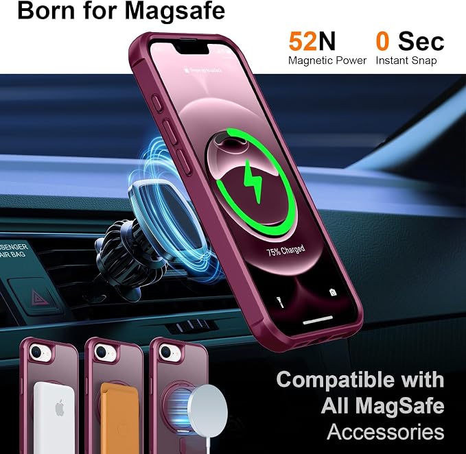 360° Magnetic Swivel Ring for iPhone 16E & 17E Case, Built-in Metal Stand and Ring Holder, Magsafe Compatible, Military Grade Protection, Shock and Vibration Resistant - Wine Red