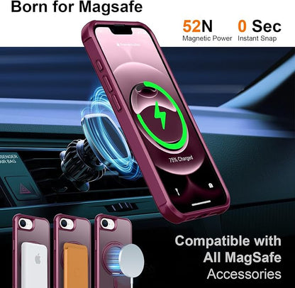 360° Magnetic Swivel Ring for iPhone 16E & 17E Case, Built-in Metal Stand and Ring Holder, Magsafe Compatible, Military Grade Protection, Shock and Vibration Resistant - Wine Red