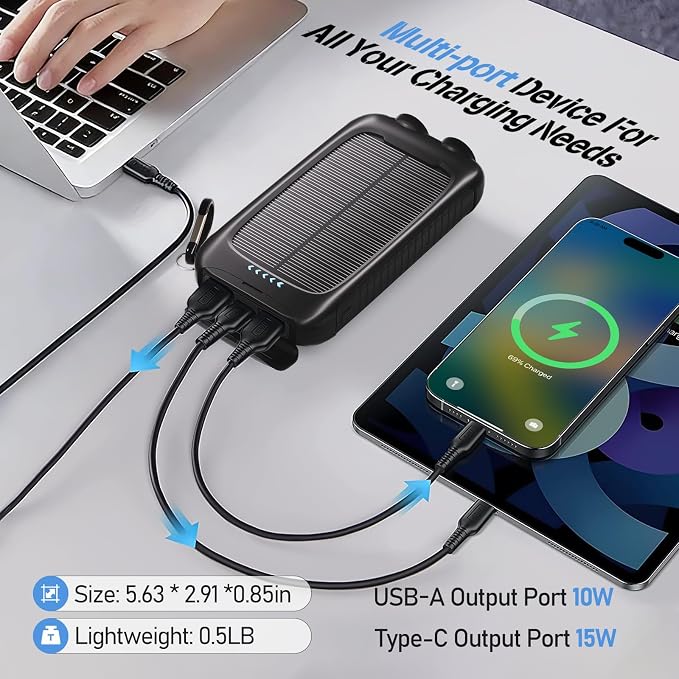 Solar Power Bank 20000mAh, Black Portable Charger with USB-C&USB-A Outputs, Emergency Backup Battery Pack, LED Flashlight, for iPhone Samsung Android – Solar for Emergency Only, Perfect for Camping