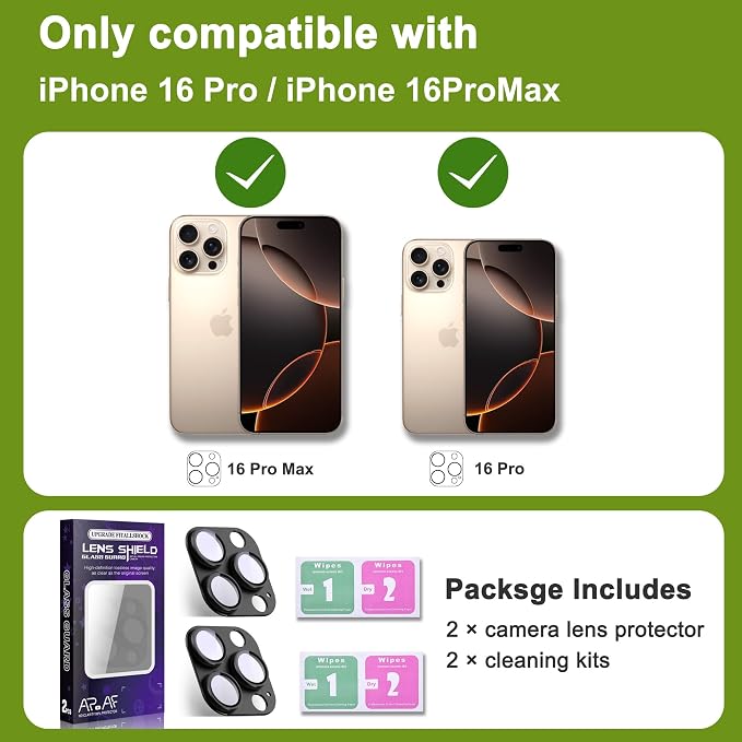 2-Pack Shatterproof Camera Lens Protector for iPhone 16 Pro/16 Pro Max |AR Tempered Glass Strong Adsorption Metal Camera Cover Screen(Black)