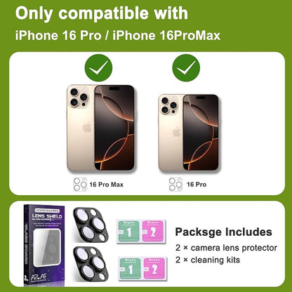 2-Pack Shatterproof Camera Lens Protector for iPhone 16 Pro/16 Pro Max |AR Tempered Glass Strong Adsorption Metal Camera Cover Screen(Black)